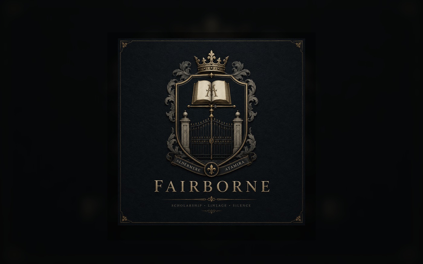 LogikPress.com Aldermere Fairborne archive sign with book and gate crest