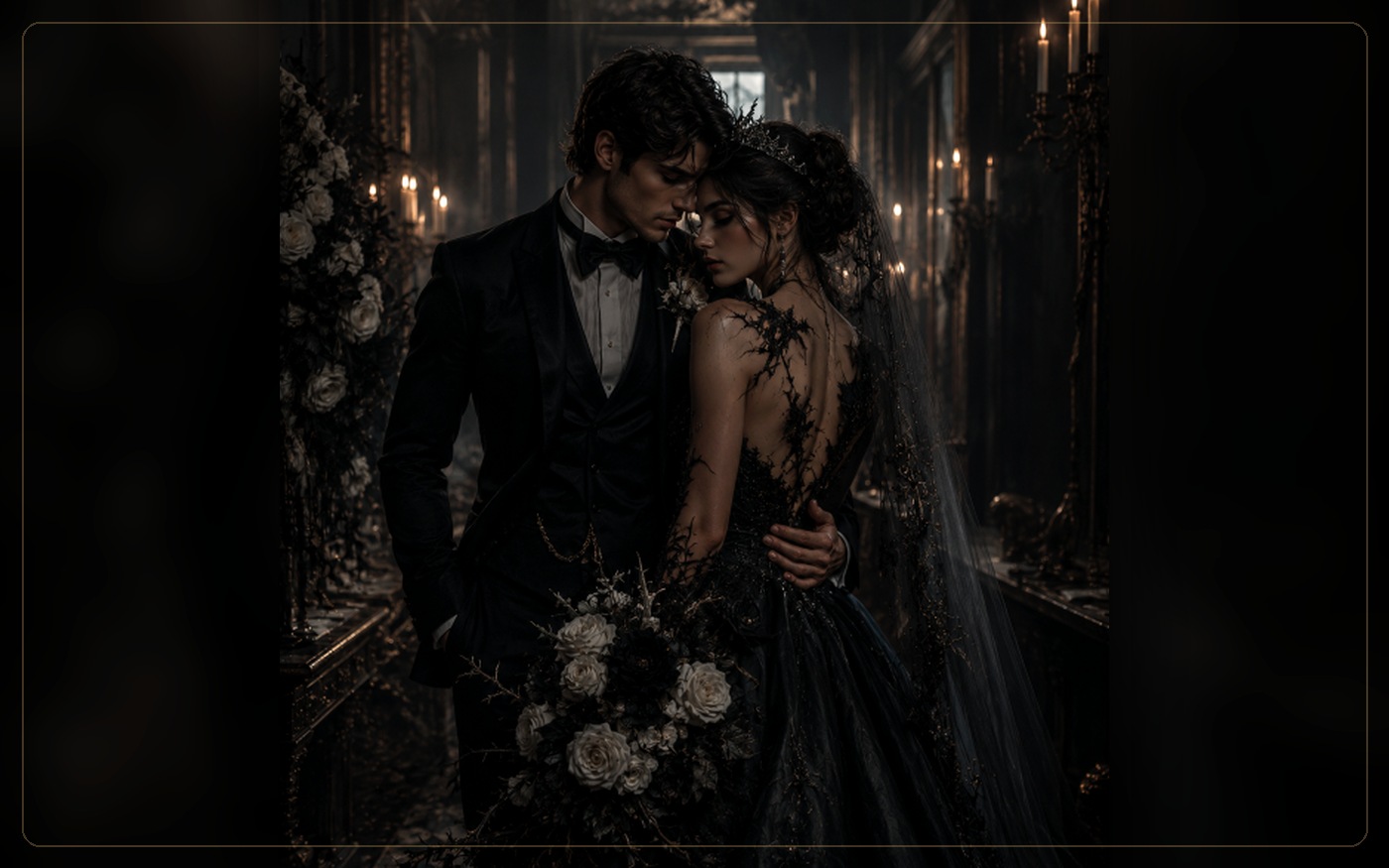 LogikPress.com Roman and Evelina holding each other in a candlelit corridor, Evelina wearing a black thorn dress