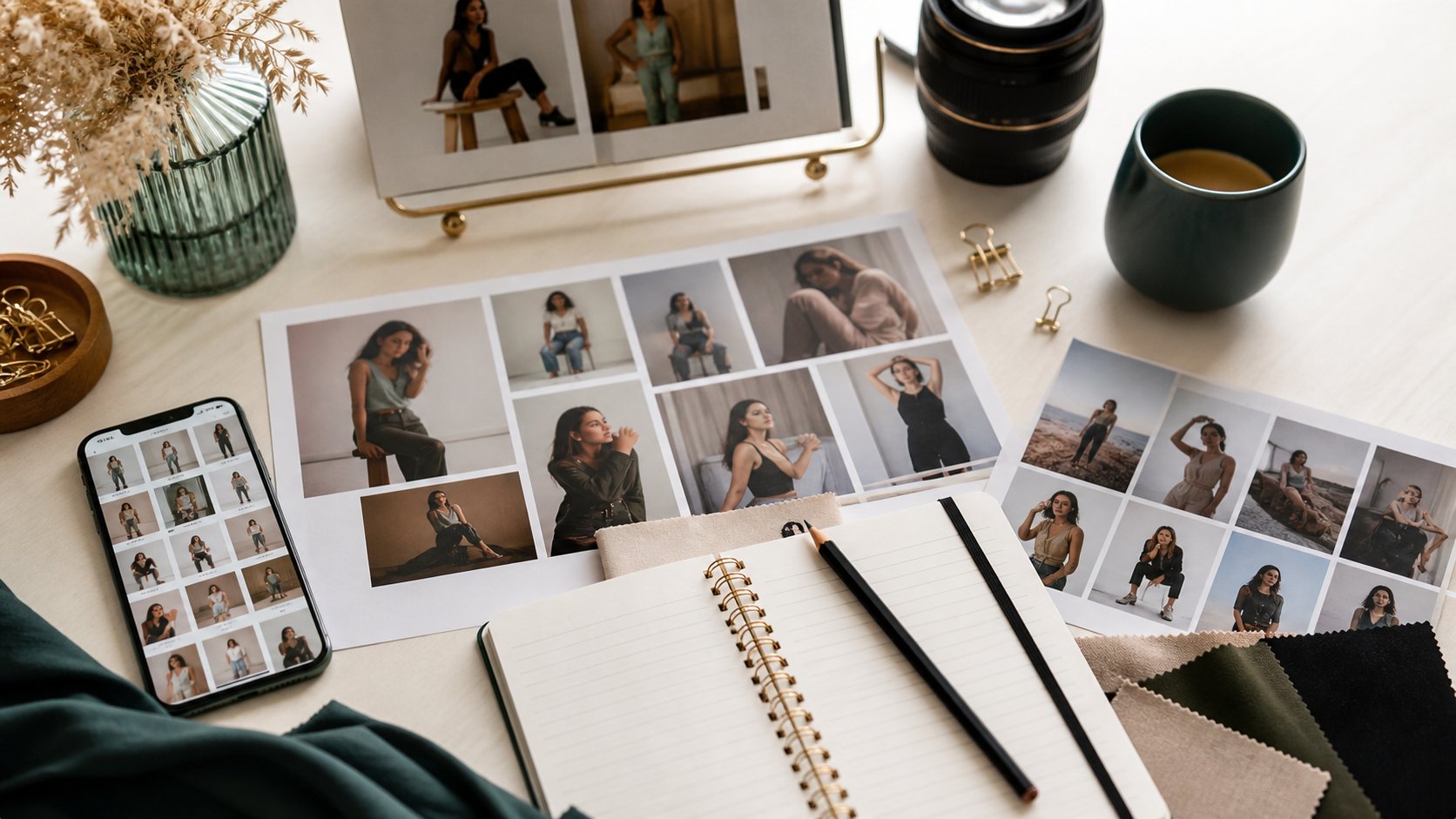 Pose references and mood board inspiration for a beginner model photo shoot