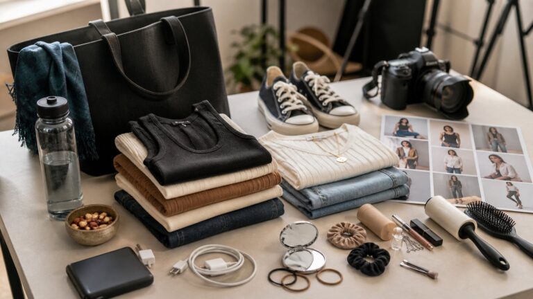 What Models Should Bring To A Photo Shoot Organized model photoshoot prep bag with outfits, touch-up kit, and planning notes