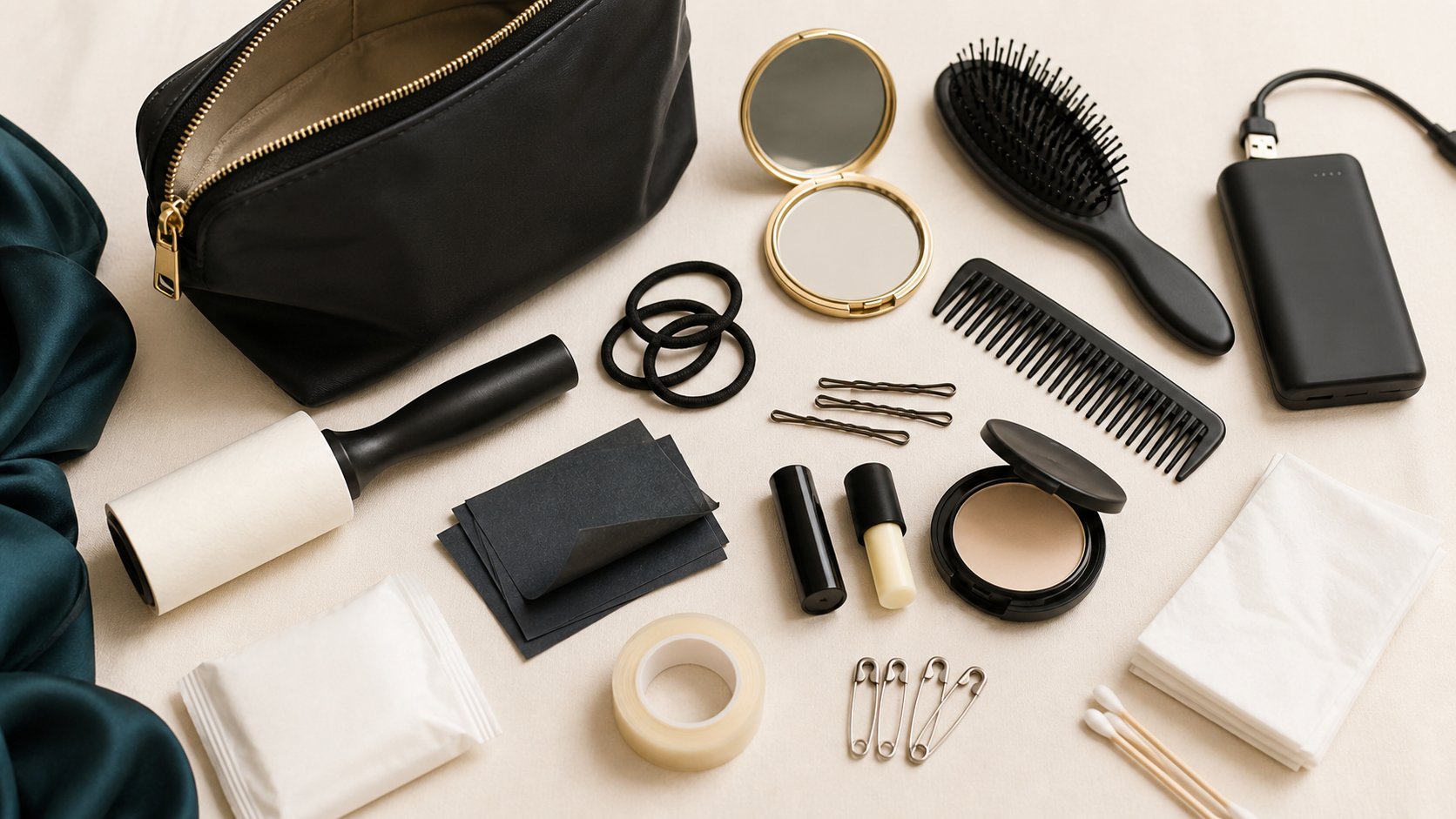 Small touch-up kit for a model photo shoot with grooming basics