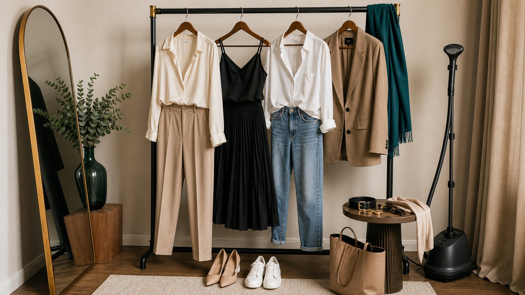 Wardrobe options prepared for a beginner model photo shoot