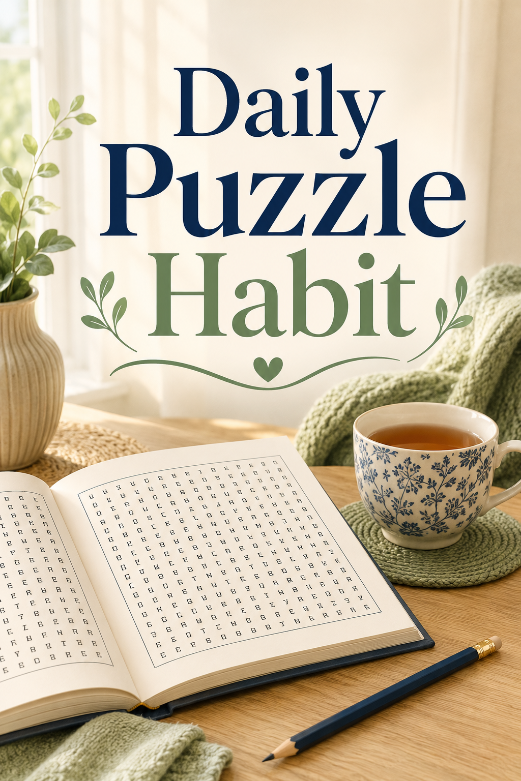A cozy daily puzzle habit scene with an open large-print word search, pencil, tea, and headline text.