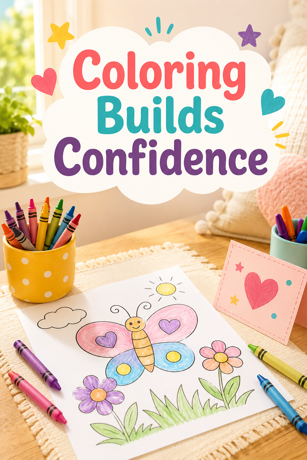 5 Ways Coloring Builds Confidence In Kids A bright kids coloring table with crayons, a butterfly drawing, encouragement card, and headline text.