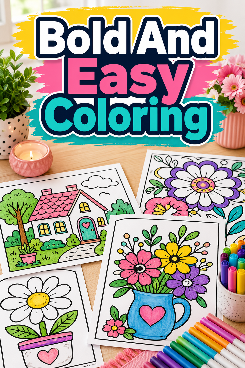 What Is Bold And Easy Coloring? A colorful table of bold and easy coloring pages with flowers, markers, and large headline text.