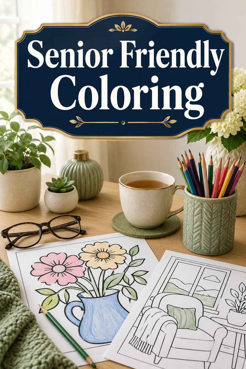 Bold And Easy Coloring For Seniors: What Makes A Page Easier To Use? A senior-friendly coloring setup with large simple pages, colored pencils, tea, glasses, and headline text.