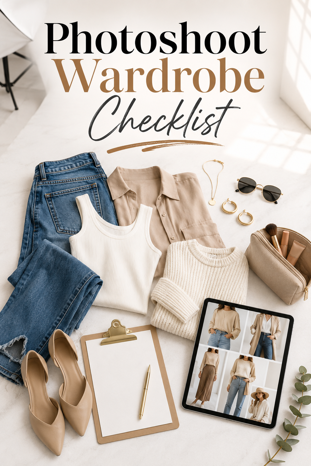 A beginner photoshoot wardrobe checklist with clothes, shoes, makeup, camera, tablet inspiration, and headline text.