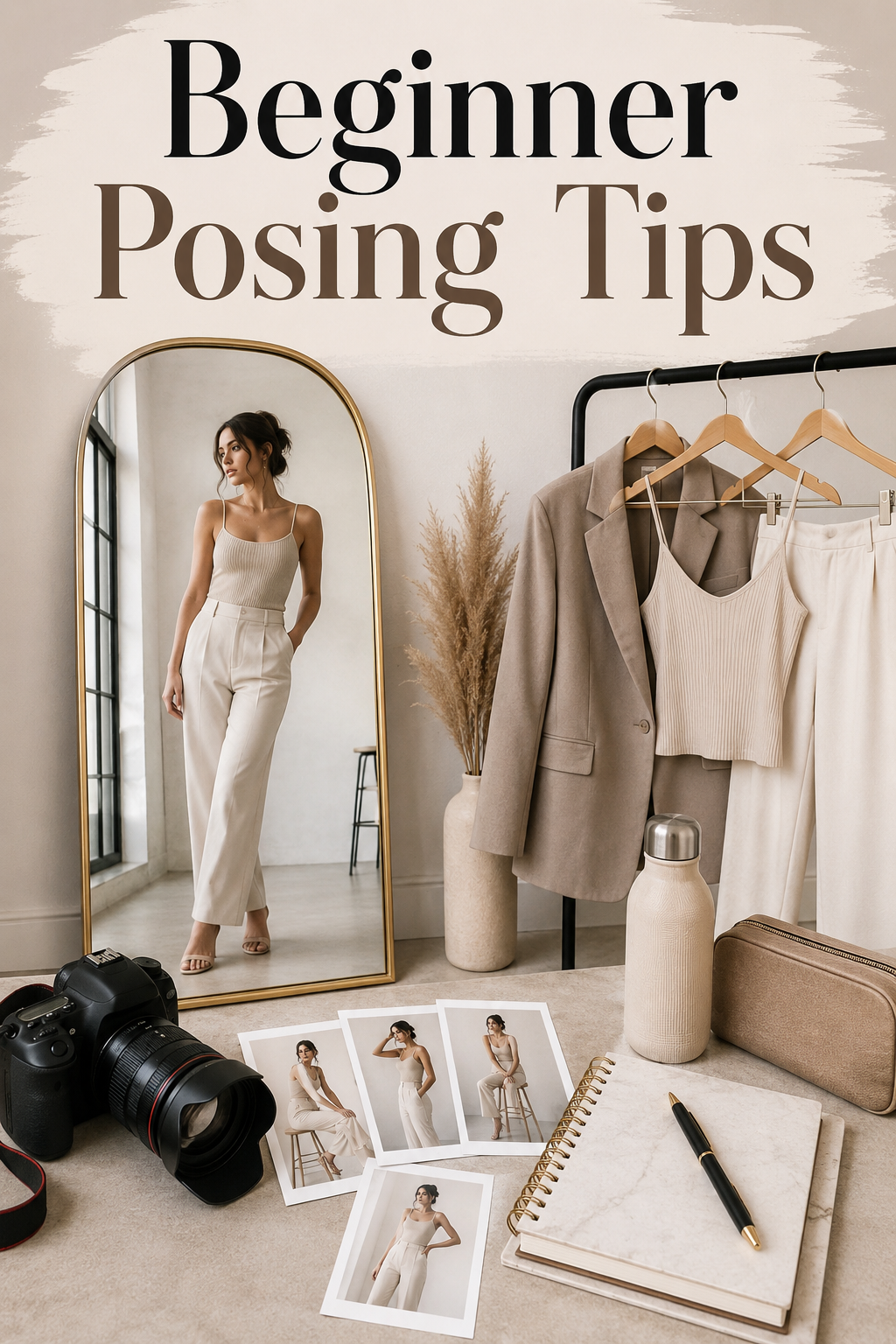 A beginner posing tips studio scene with mirror, outfits, camera, sample photos, notebook, and headline text.