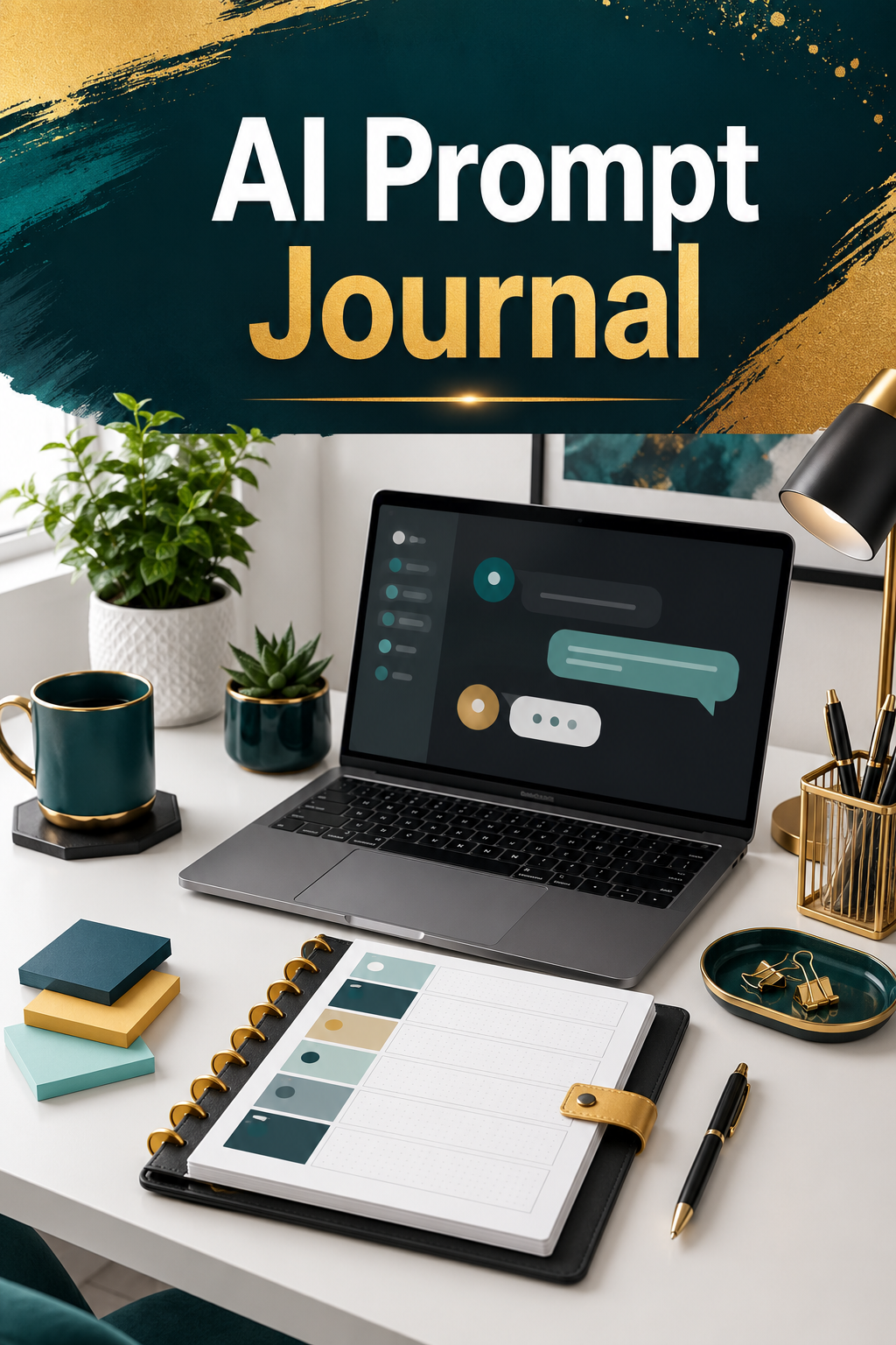 A modern AI prompt journal workspace with laptop, prompt tracker notebook, teal and gold accents, and headline text.