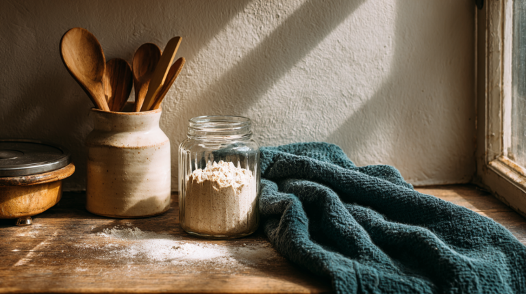 Sourdough starter jar with kitchen tools by a window