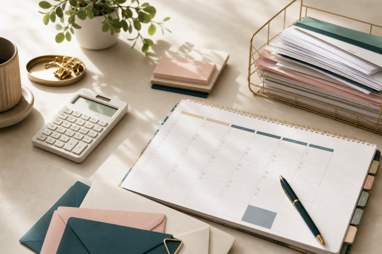 Monthly bill payment tracker with calendar, calculator, papers, and budget planning supplies