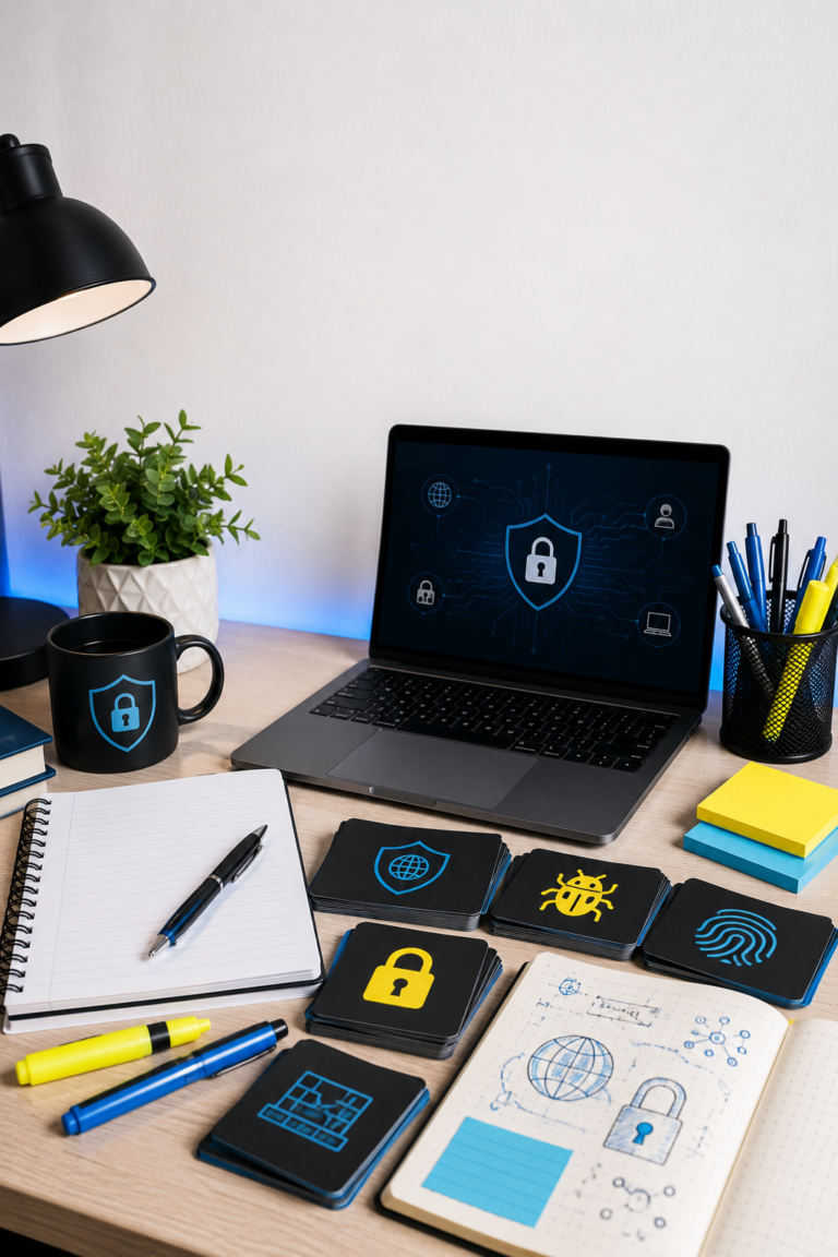 Network Engineering Word Search: Beginner Terms To Learn Before The Deep Dive Network engineering study desk with laptop, cybersecurity icons, notebook, and highlighters