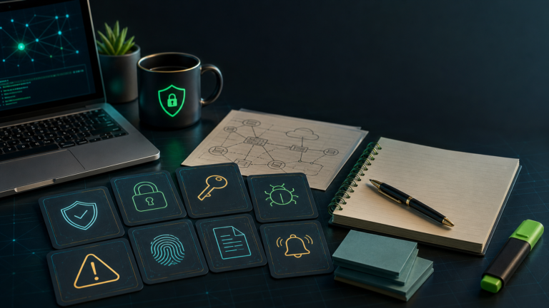 15 Cybersecurity Terms Every Beginner Should Know Before Labs Beginner cybersecurity vocabulary study desk with icons, notebook, laptop, and security symbols