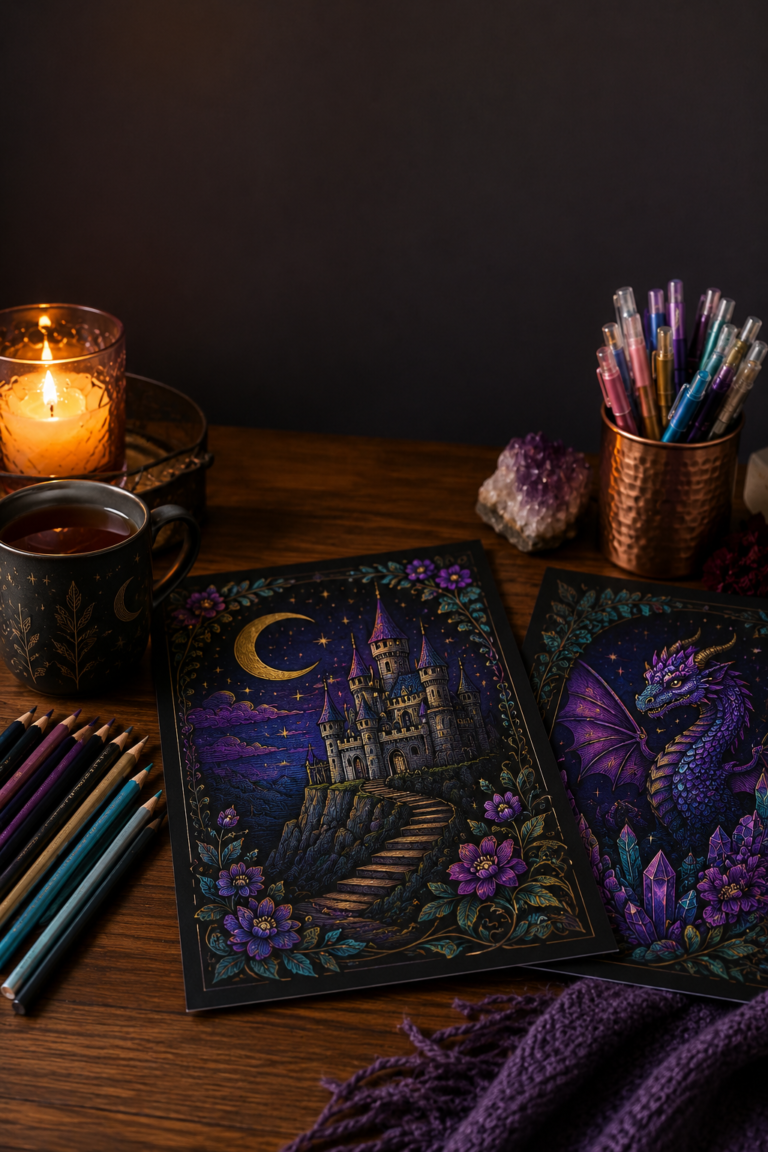 Coloring for People Who Like a Little Dark and Weird Dark fantasy coloring pages with a castle, dragon, candles, tea, and colored pencils.