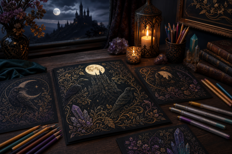 Dark Fantasy Coloring Book: How To Enjoy Black Background Coloring Pages Dark fantasy coloring book pages with black backgrounds, castle art, candles, and colored pencils