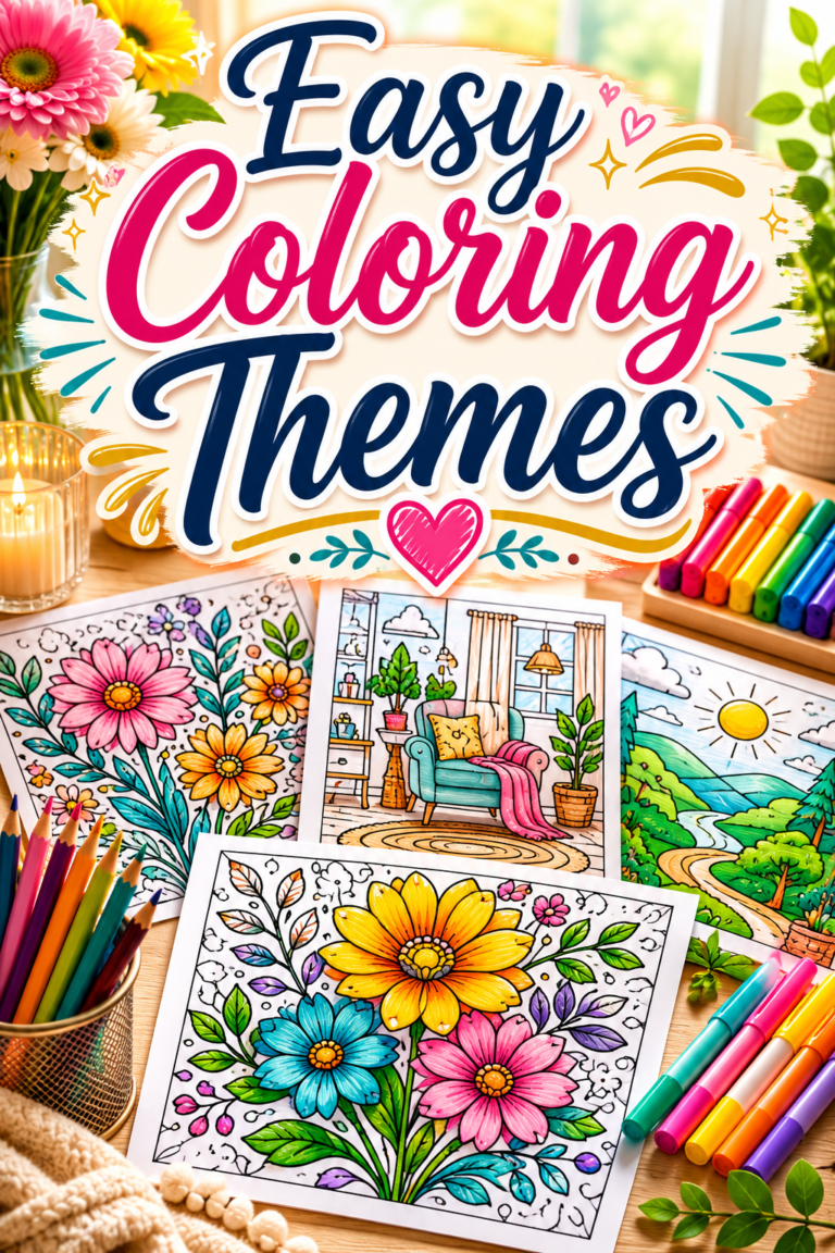 Bright adult coloring pages with the words Easy Coloring Themes.