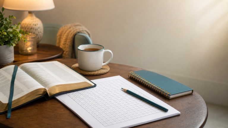 Faith-Friendly Puzzles For Quiet Time: A Gentle Screen-Free Routine Faith-friendly quiet time puzzle setup with open Bible, notebook, pencil, coffee, and soft light