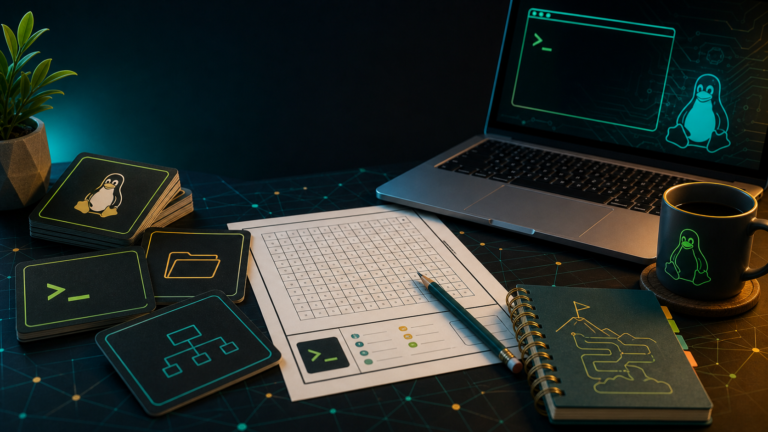 A Fun Way To Memorize Linux Commands While You Learn Linux command practice desk with terminal cards, notebook, laptop, and Linux icons