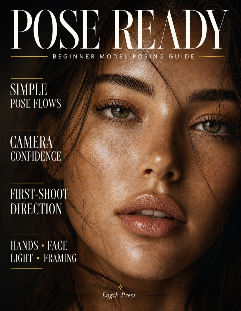 Pose Ready: What Beginner Models Should Practice Before Their First Shoot Pose Ready Beginner Model Posing Guide front cover with close-up fashion portrait