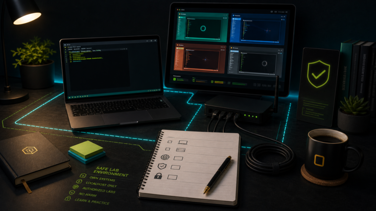 How To Set Up Your First Linux Machine For Cybersecurity Practice Safely Beginner-safe Linux cybersecurity practice desk with laptop, checklist, and network tools
