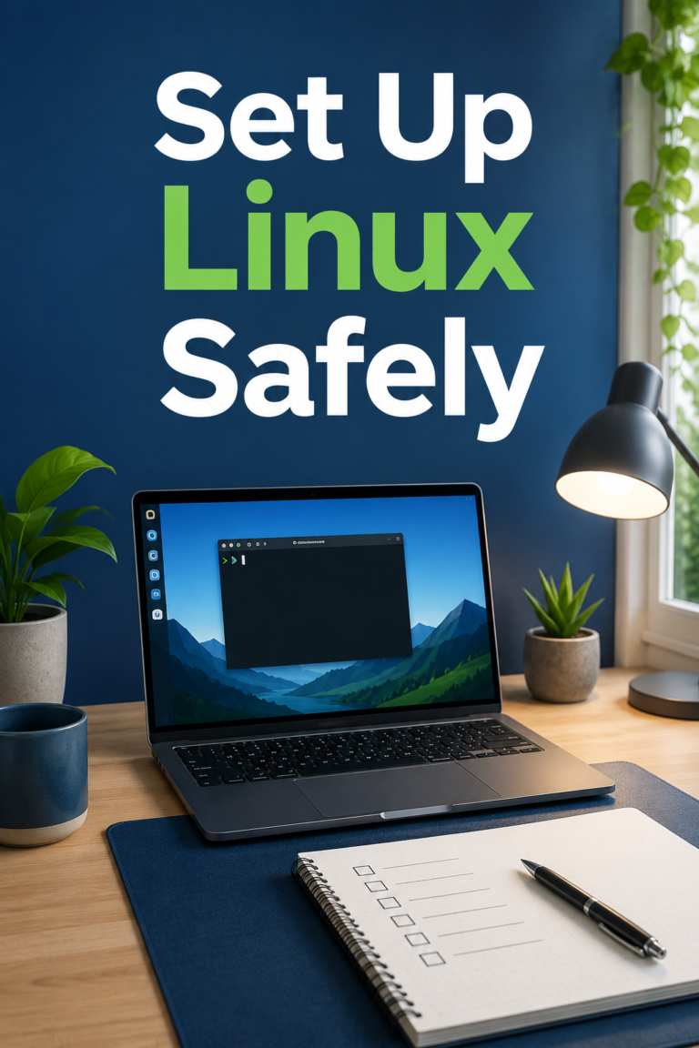 How to Actually Start Learning Linux for Cybersecurity Without Getting Overwhelmed Desk setup with laptop terminal and checklist for safely setting up Linux for cybersecurity practice.