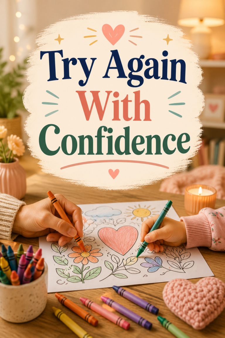 Confidence, Patience, and Little Wins: What Kids Learn From Finishing a Coloring Page Parent and child coloring together with the words Try Again With Confidence.